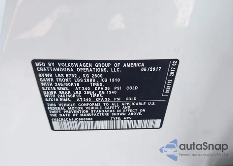 2018 Volkswagen Atlas 3.6L V6 Se из США, поврежденный, VIN 1V2CR2CA4JC506366